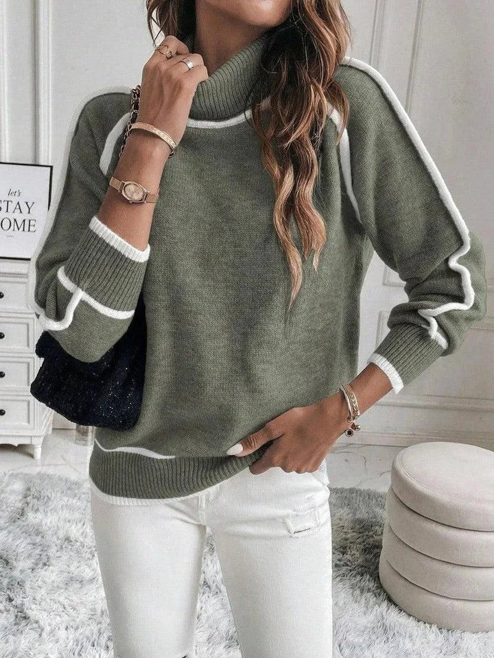 Sienna | Women's Roll Neck Knitted Jumper Contrast Stripe Sleeves