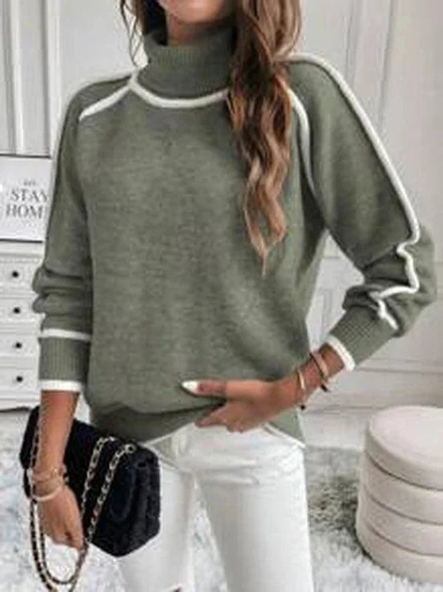 Sienna | Women's Roll Neck Knitted Jumper Contrast Stripe Sleeves