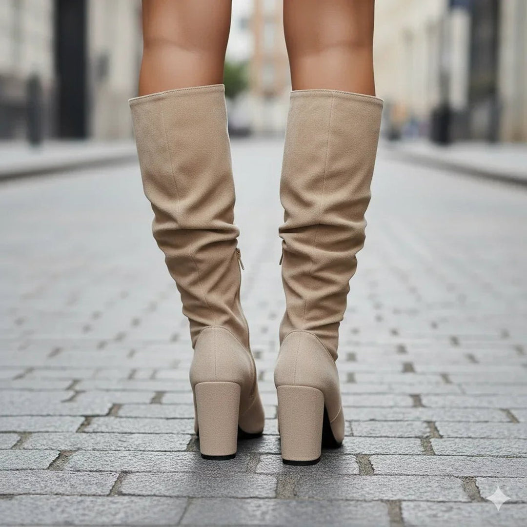 Evelyn | Women's Ruched Knee-High Block-Heel Boots Zip-Up