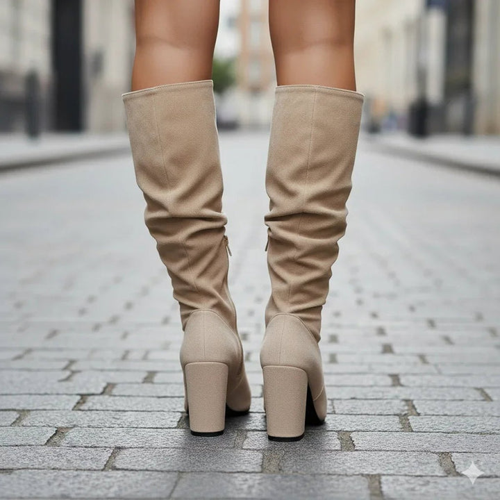 Evelyn | Women's Ruched Knee-High Block-Heel Boots Zip-Up