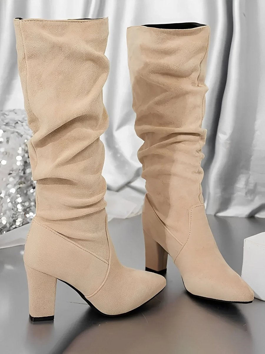 Evelyn | Women's Ruched Knee-High Block-Heel Boots Zip-Up