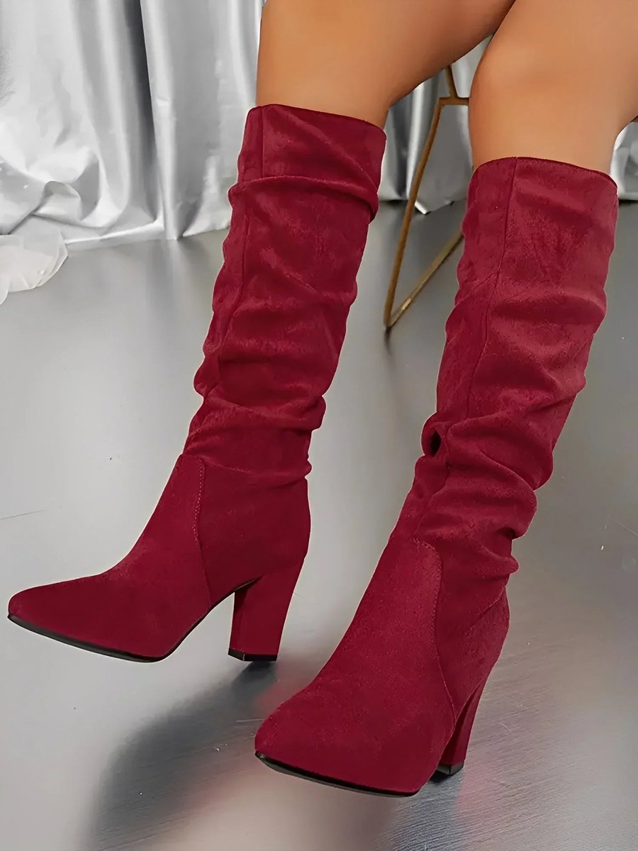 Evelyn | Women's Ruched Knee-High Block-Heel Boots Zip-Up
