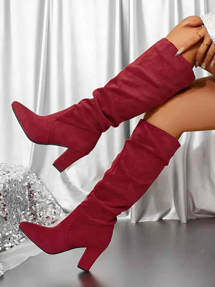 Evelyn | Women's Ruched Knee-High Block-Heel Boots Zip-Up