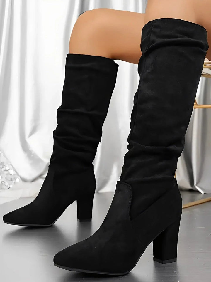 Evelyn | Women's Ruched Knee-High Block-Heel Boots Zip-Up