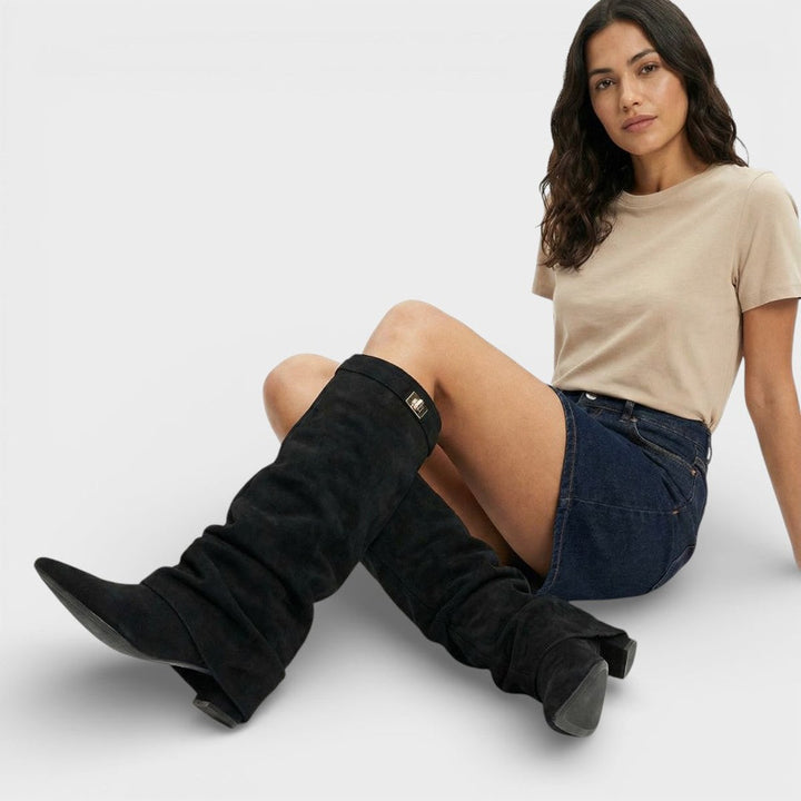 Amelia | Women's Ruched Knee-High Boots Pointed-Toe Low-Heel Slouch