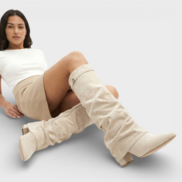 Amelia | Women's Ruched Knee-High Boots Pointed-Toe Low-Heel Slouch