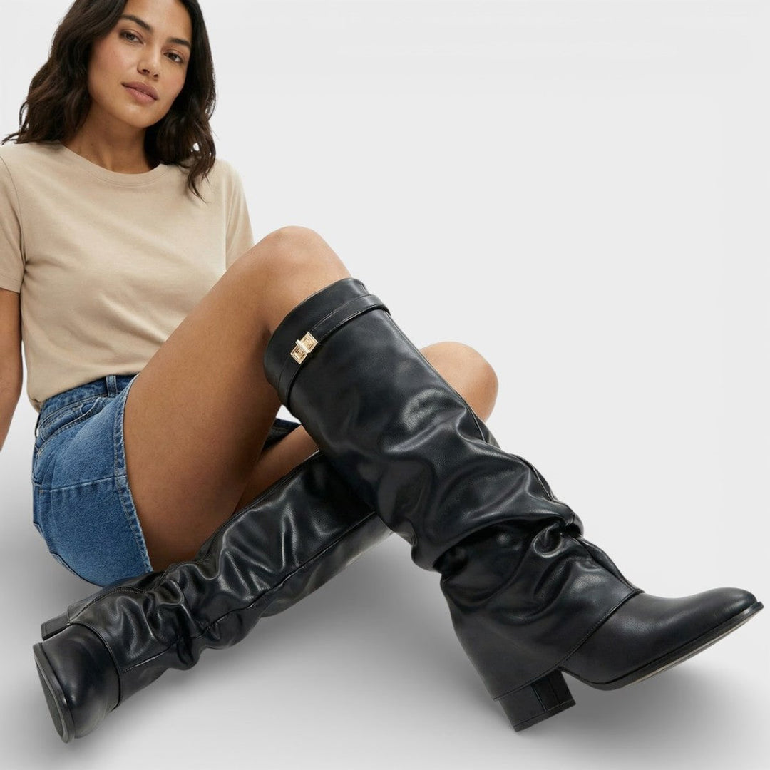 Amelia | Women's Ruched Knee-High Boots Pointed-Toe Low-Heel Slouch
