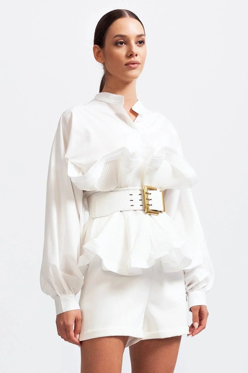 Ava | Women's Ruffle Long-Sleeve Blouse Voluminous Puff Sleeve Top