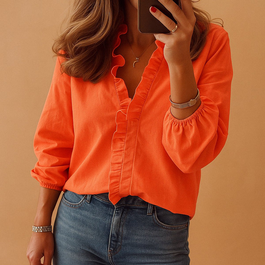 Rosie | Women's Ruffle V-Neck Long-Sleeve Blouse Elasticated Cuffs