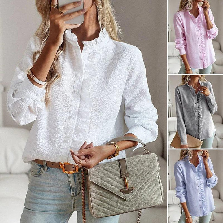 Isla | Women's Ruffled Long-Sleeve Blouse Lightweight Button-Up Top
