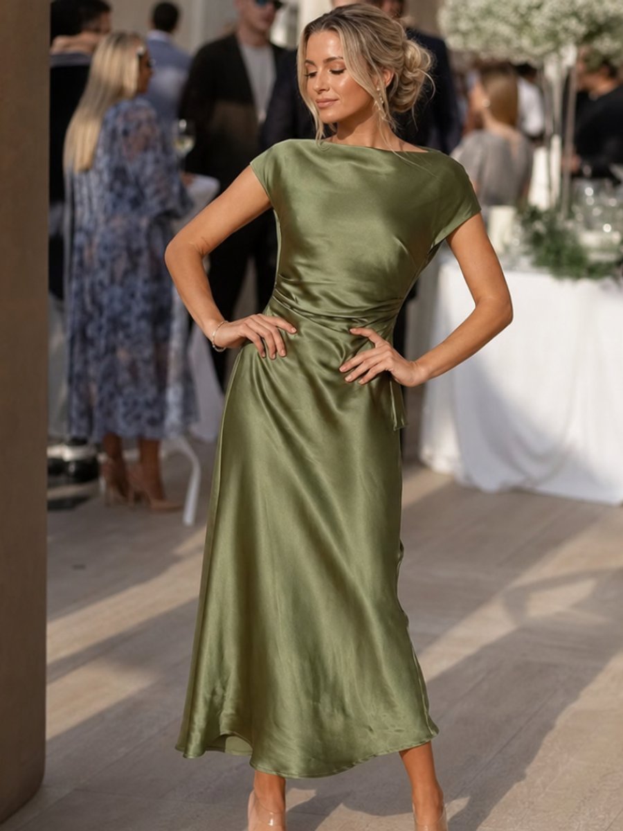 Isla | Women's Satin Cap Sleeve Boat Neck Midi Party Dress