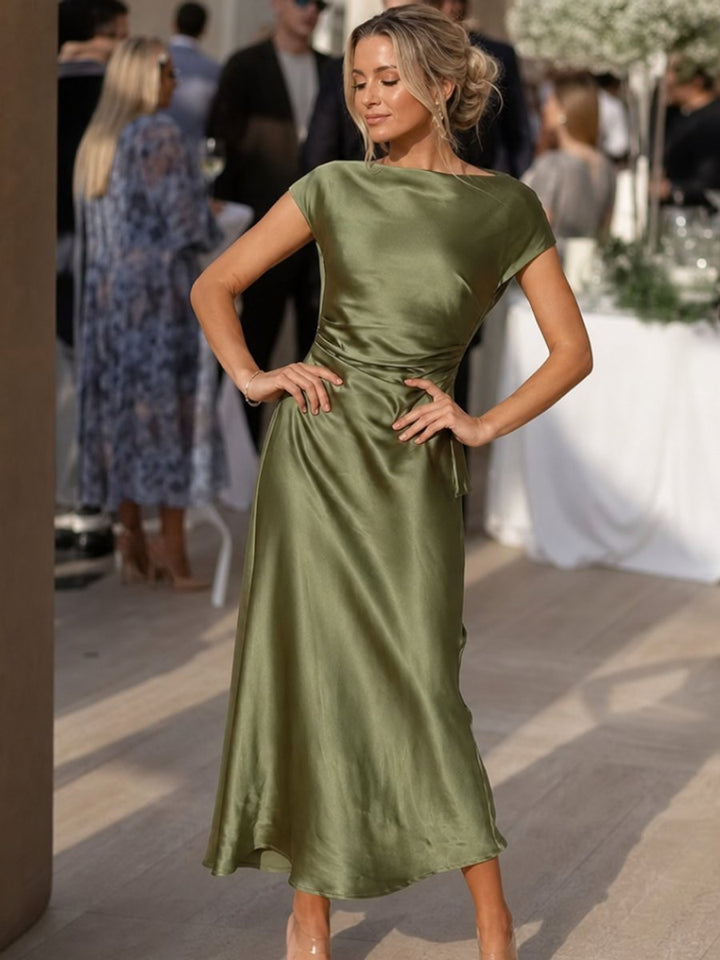 Isla | Women's Satin Cap Sleeve Boat Neck Midi Party Dress