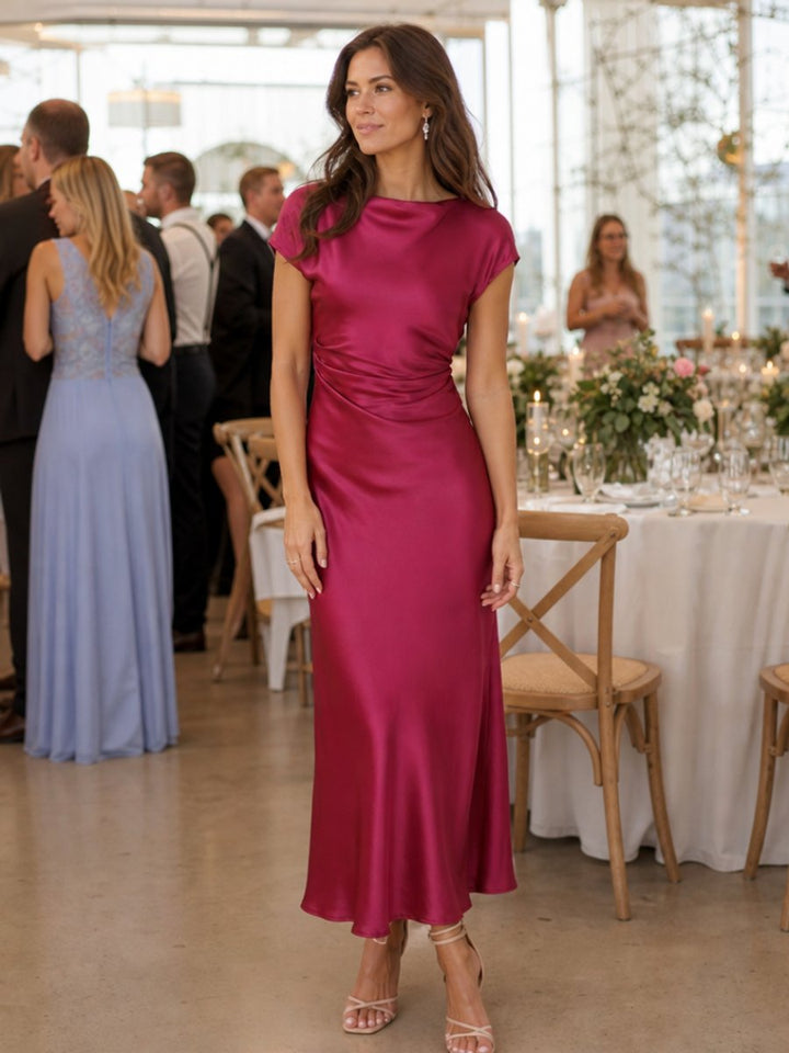 Isla | Women's Satin Cap Sleeve Boat Neck Midi Party Dress