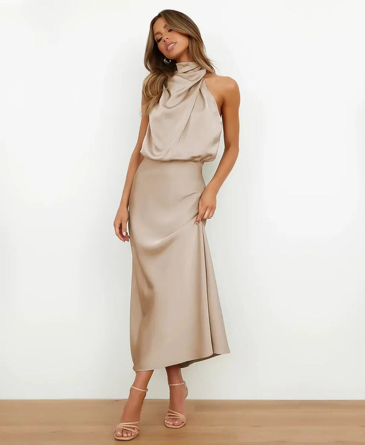 Evelyn | Women's Satin Halter-Neck Midi Party Dress Cowl Neck Fitted Waist