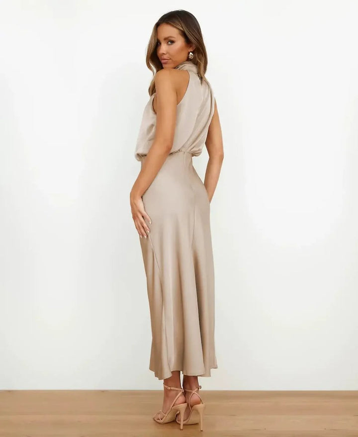 Evelyn | Women's Satin Halter-Neck Midi Party Dress Cowl Neck Fitted Waist