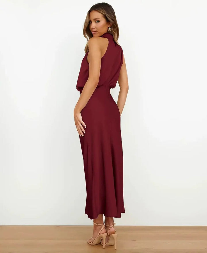 Evelyn | Women's Satin Halter-Neck Midi Party Dress Cowl Neck Fitted Waist