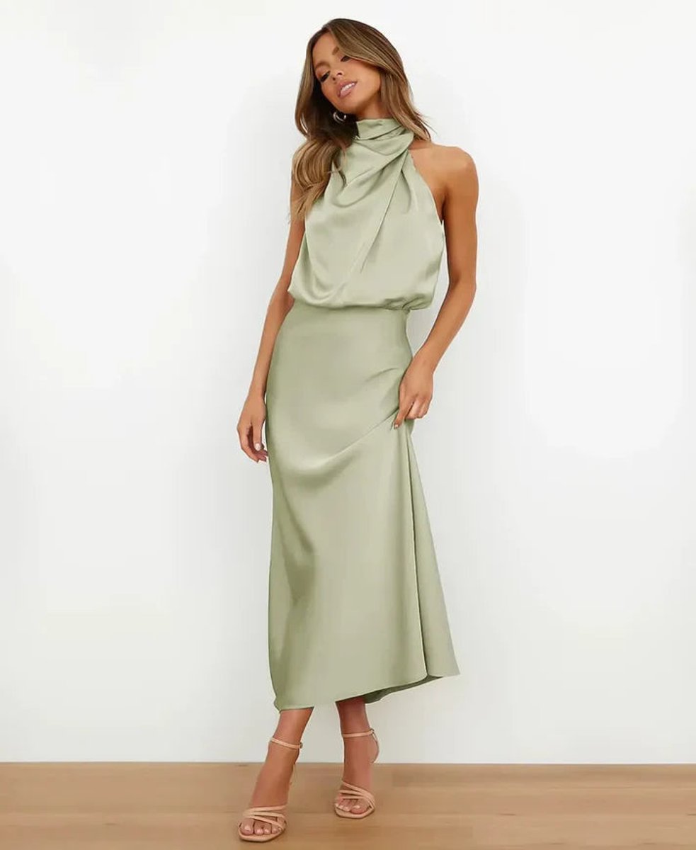 Evelyn | Women's Satin Halter-Neck Midi Party Dress Cowl Neck Fitted Waist