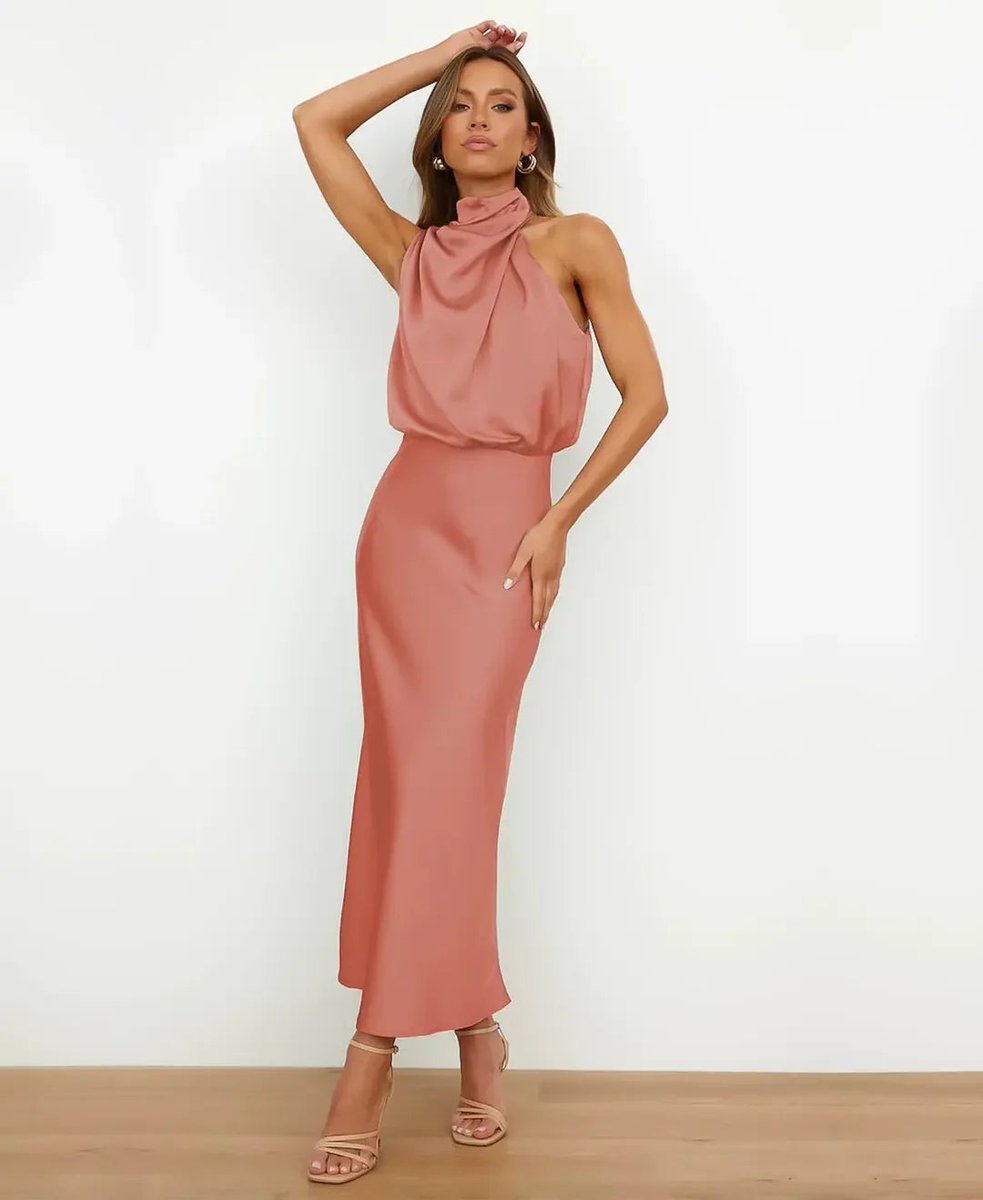Evelyn | Women's Satin Halter-Neck Midi Party Dress Cowl Neck Fitted Waist