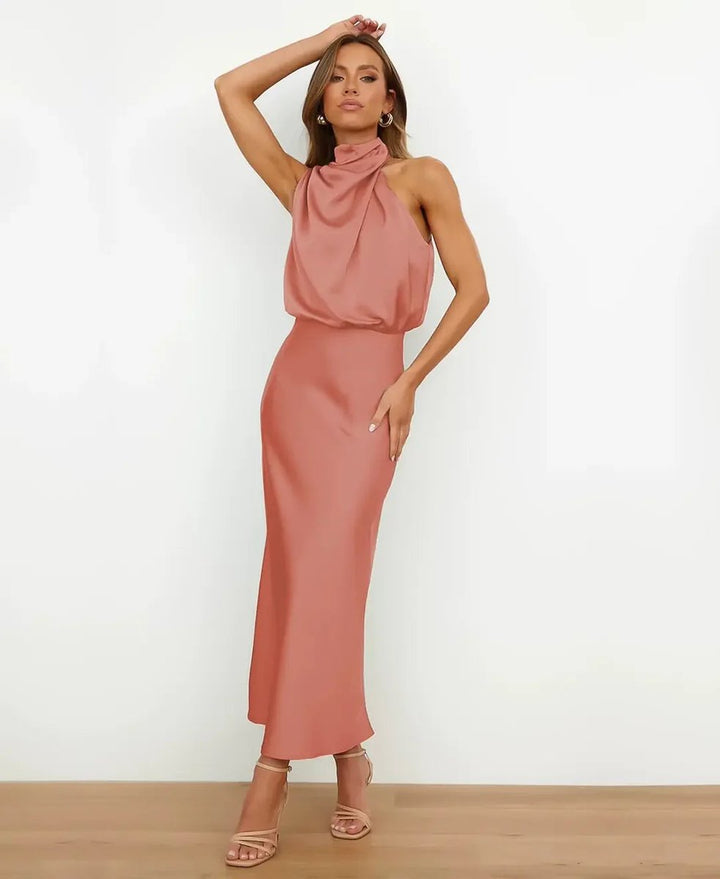 Evelyn | Women's Satin Halter-Neck Midi Party Dress Cowl Neck Fitted Waist
