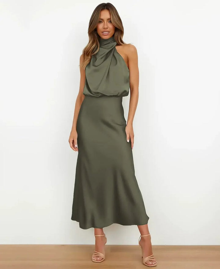 Evelyn | Women's Satin Halter-Neck Midi Party Dress Cowl Neck Fitted Waist