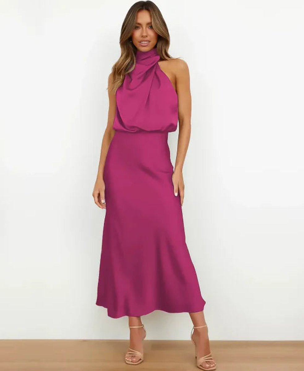 Evelyn | Women's Satin Halter-Neck Midi Party Dress Cowl Neck Fitted Waist