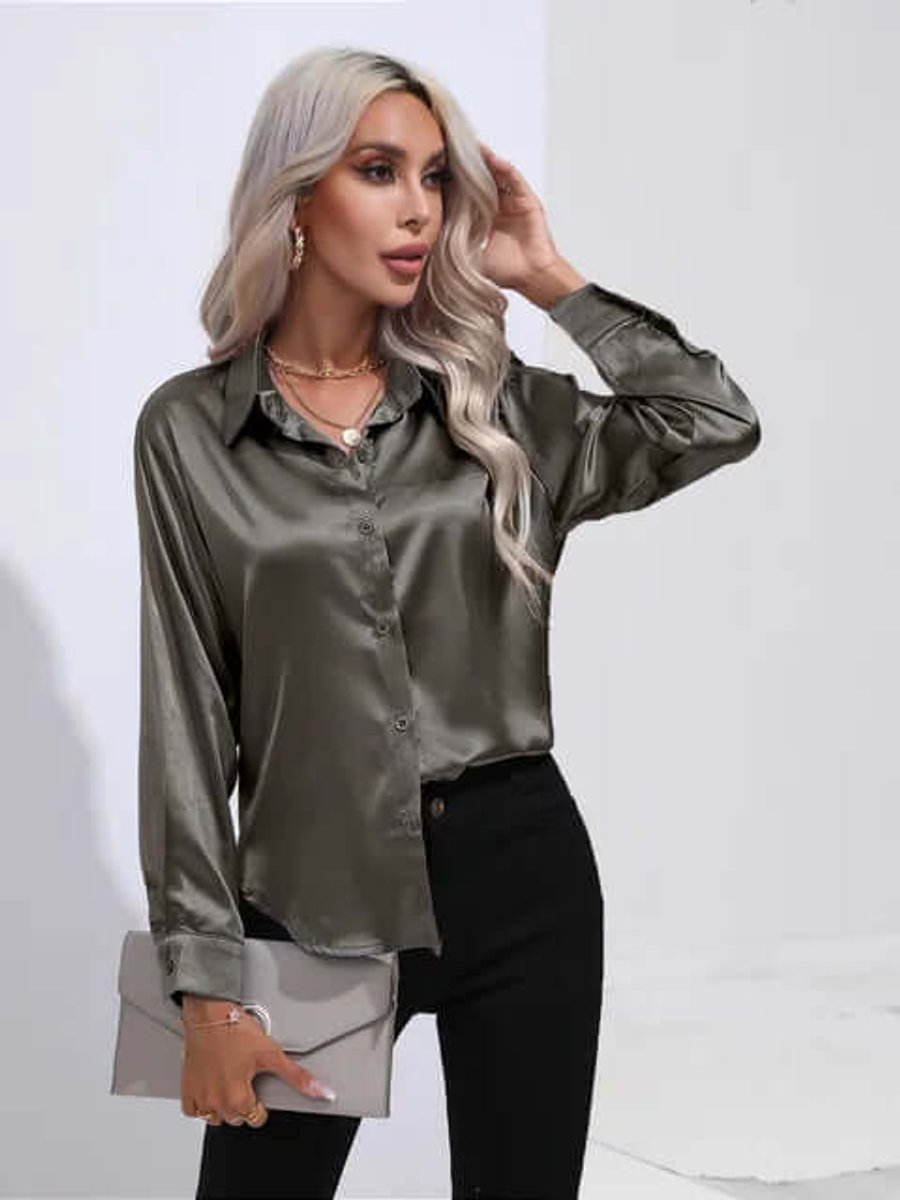 Sophie | Women's Satin Long-Sleeve Blouse Button-Up Pointed Collar