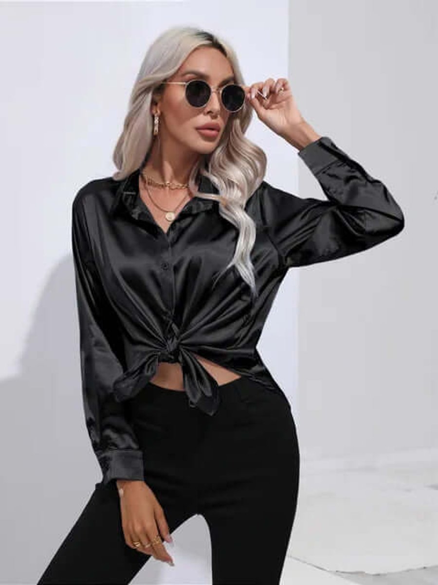 Sophie | Women's Satin Long-Sleeve Blouse Button-Up Pointed Collar