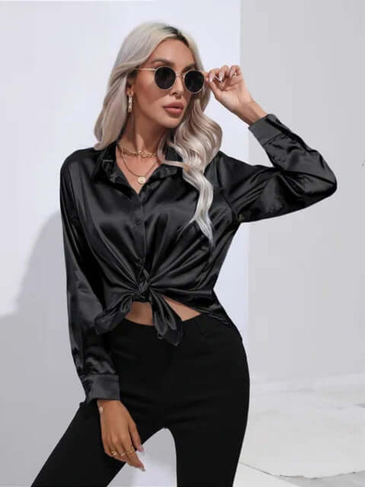 Sophie | Women's Satin Long-Sleeve Blouse Button-Up Pointed Collar