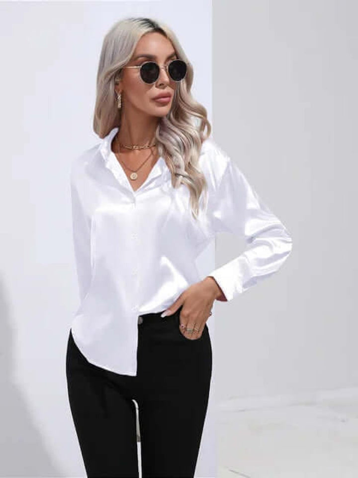 Sophie | Women's Satin Long-Sleeve Blouse Button-Up Pointed Collar