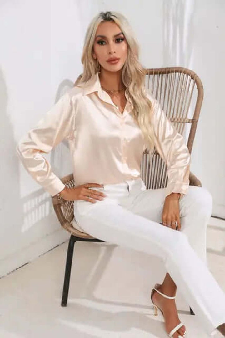 Sophie | Women's Satin Long-Sleeve Blouse Button-Up Pointed Collar