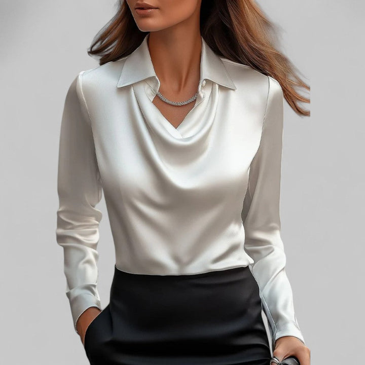 Ella | Women's Satin Long-Sleeve Blouse Draped Cowl Collar