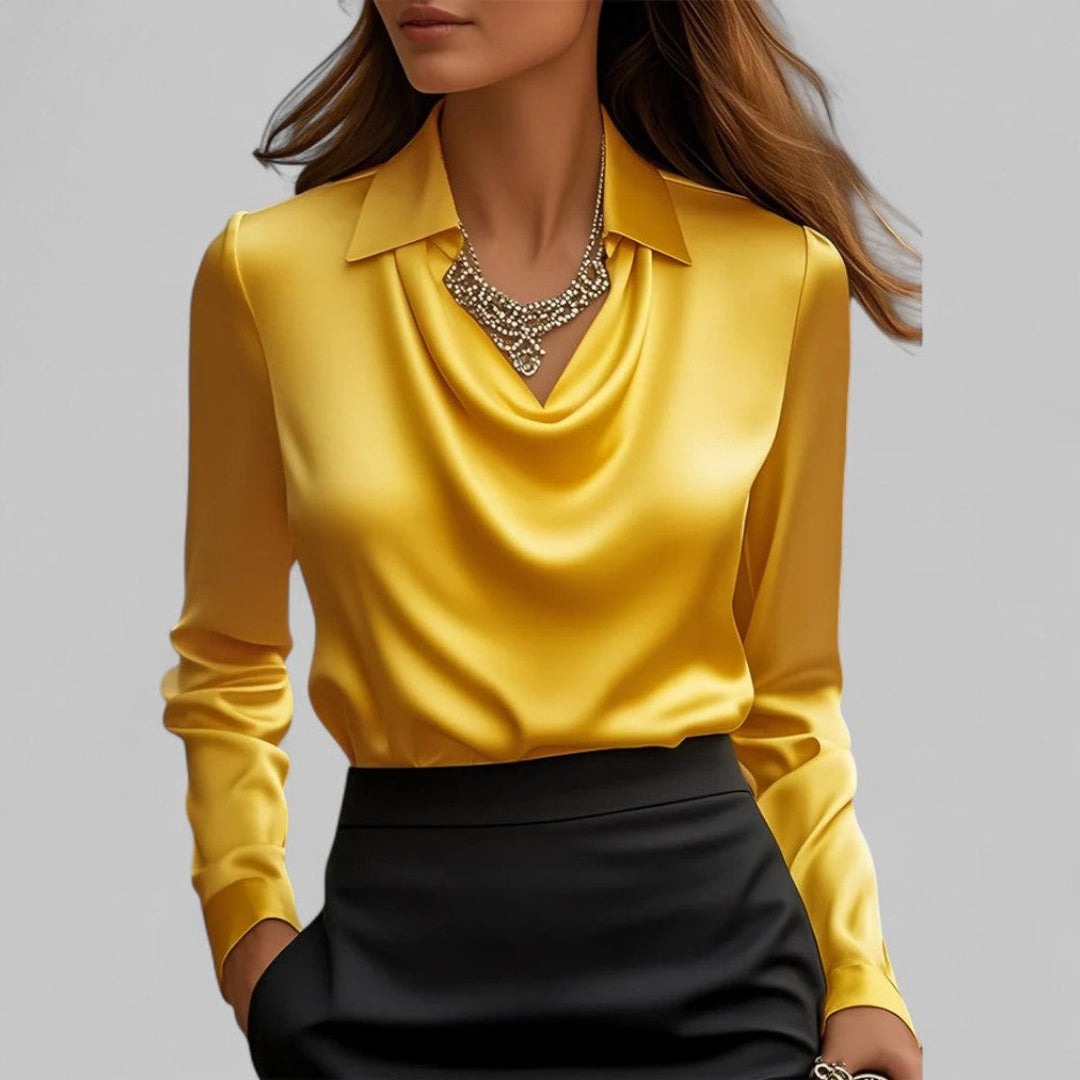 Ella | Women's Satin Long-Sleeve Blouse Draped Cowl Collar