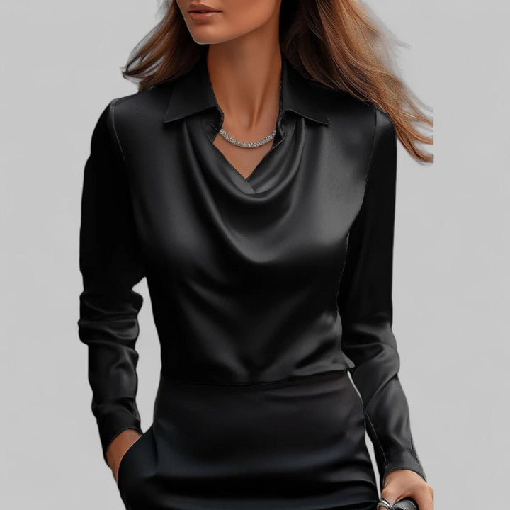 Ella | Women's Satin Long-Sleeve Blouse Draped Cowl Collar