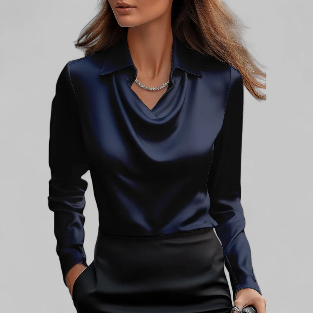 Ella | Women's Satin Long-Sleeve Blouse Draped Cowl Collar