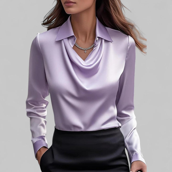 Ella | Women's Satin Long-Sleeve Blouse Draped Cowl Collar