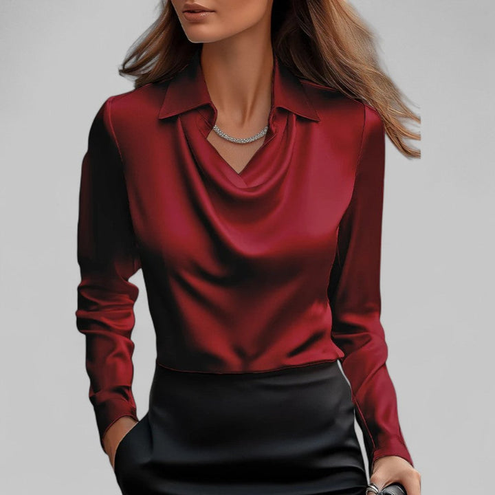 Ella | Women's Satin Long-Sleeve Blouse Draped Cowl Collar