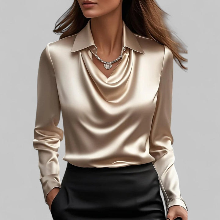 Ella | Women's Satin Long-Sleeve Blouse Draped Cowl Collar