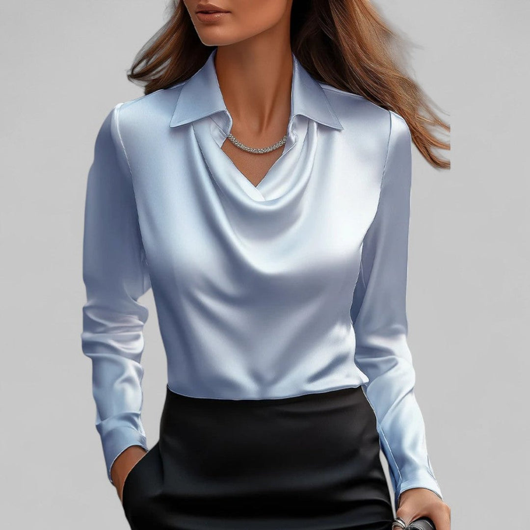 Ella | Women's Satin Long-Sleeve Blouse Draped Cowl Collar