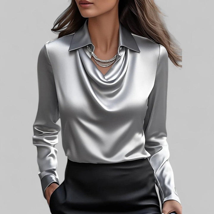Ella | Women's Satin Long-Sleeve Blouse Draped Cowl Collar