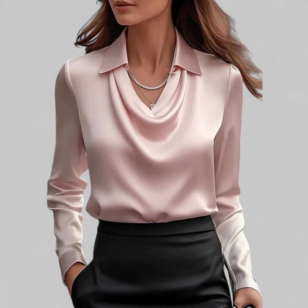 Ella | Women's Satin Long-Sleeve Blouse Draped Cowl Collar