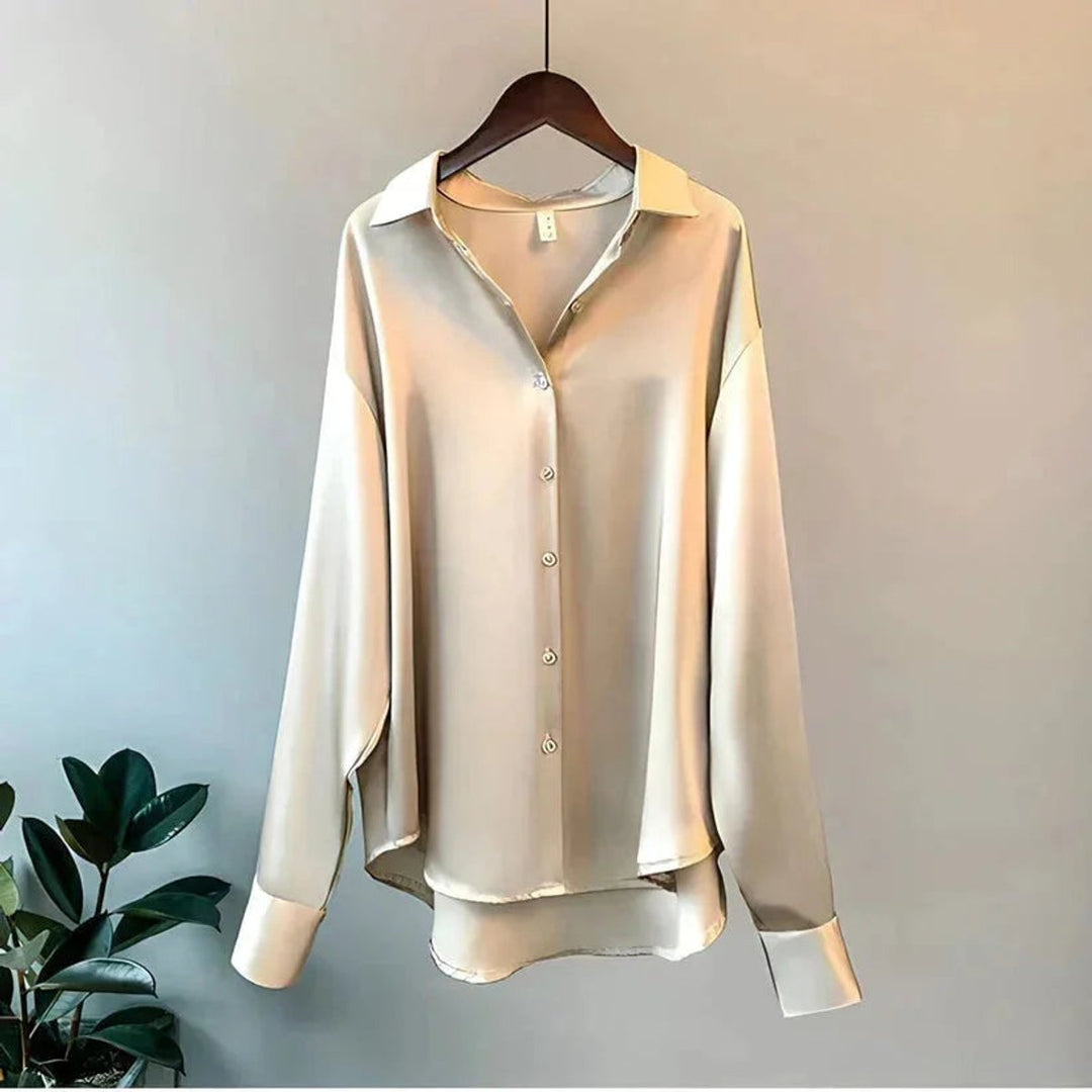 Ava | Women's Satin Long-Sleeve Button-Up Blouse Pointed Collar