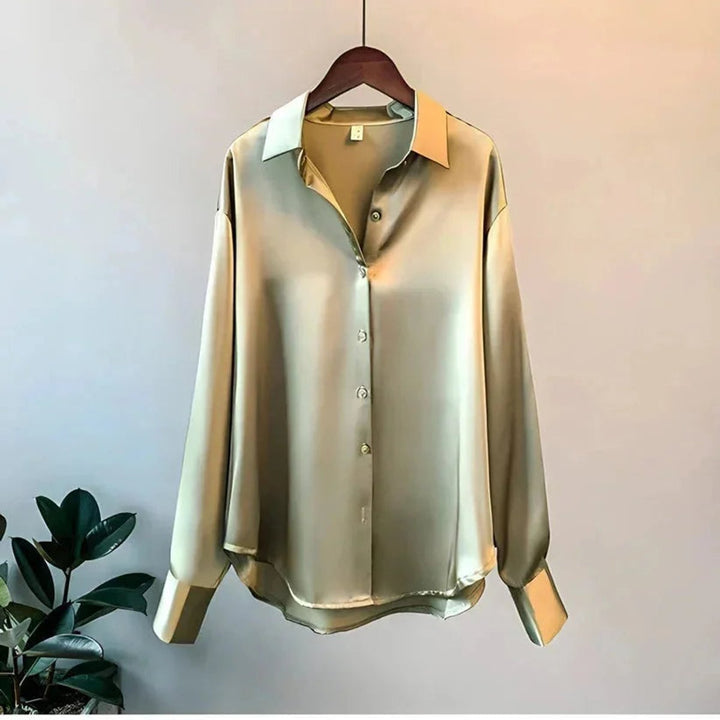 Ava | Women's Satin Long-Sleeve Button-Up Blouse Pointed Collar