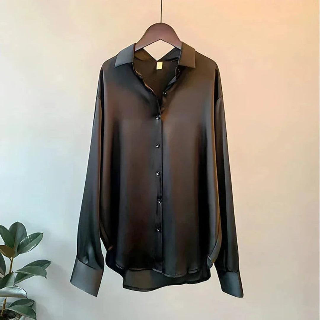 Ava | Women's Satin Long-Sleeve Button-Up Blouse Pointed Collar