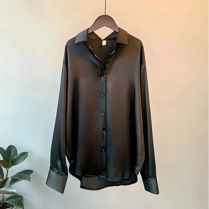 Ava | Women's Satin Long-Sleeve Button-Up Blouse Pointed Collar