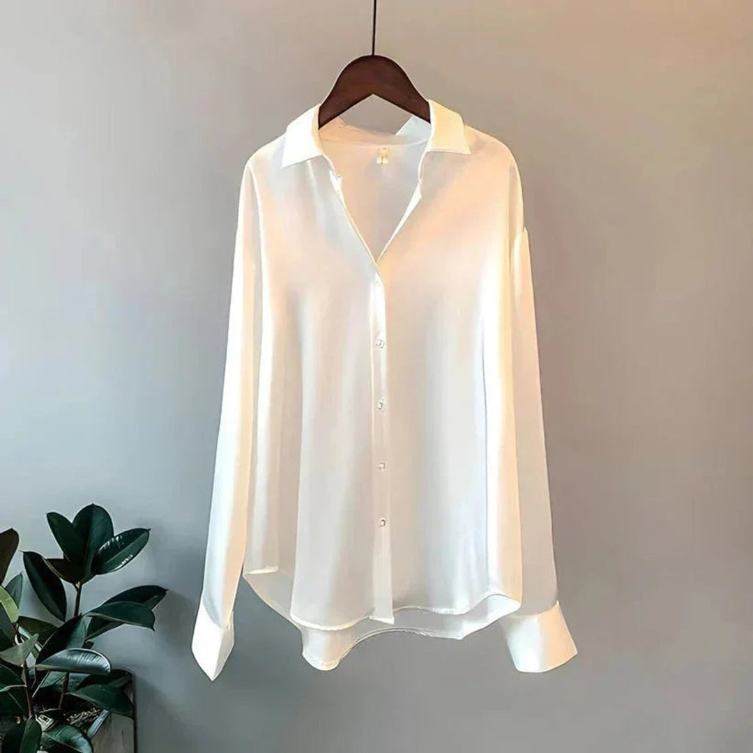 Ava | Women's Satin Long-Sleeve Button-Up Blouse Pointed Collar