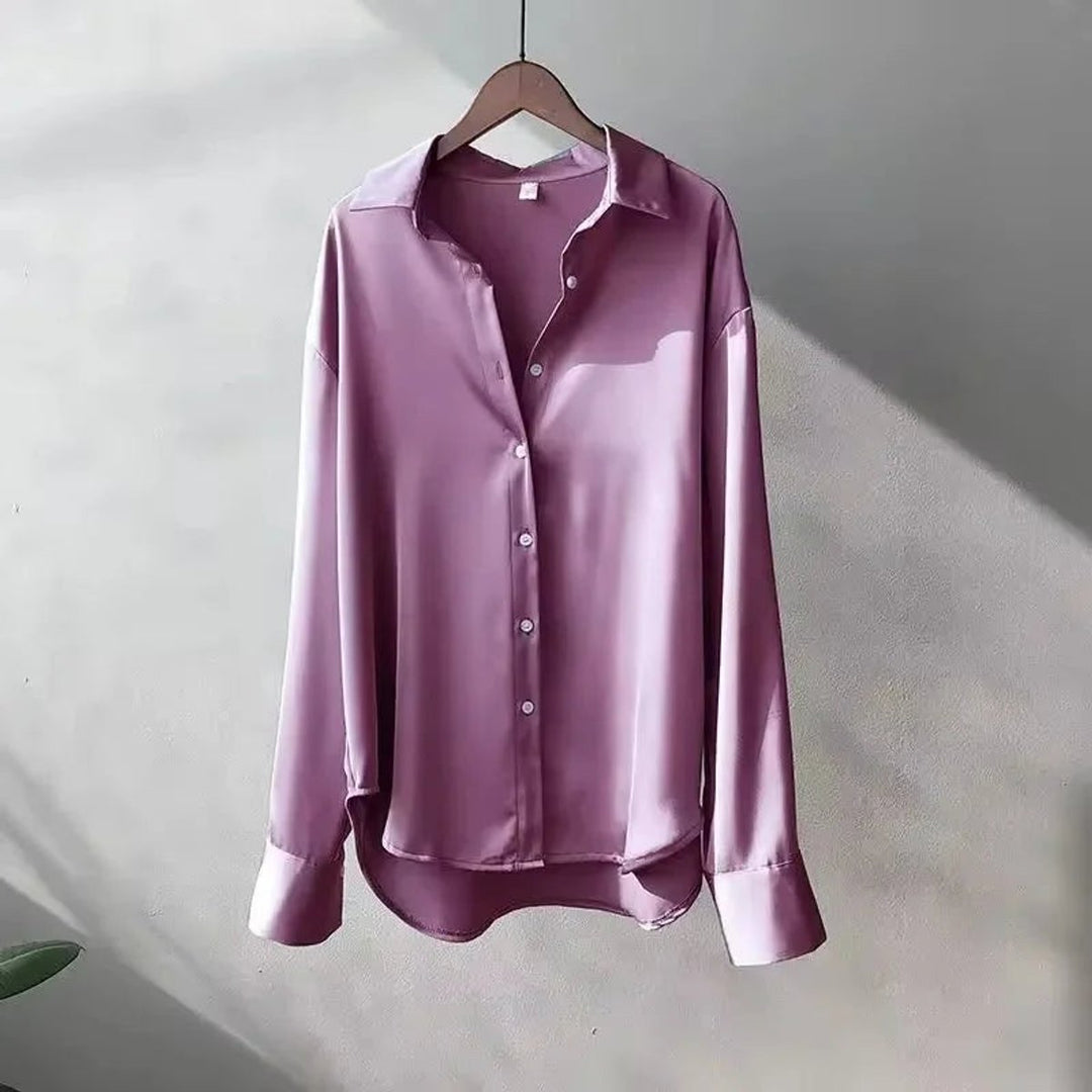 Ava | Women's Satin Long-Sleeve Button-Up Blouse Pointed Collar