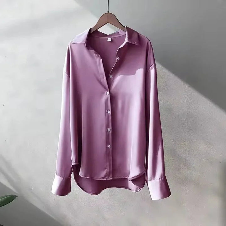 Ava | Women's Satin Long-Sleeve Button-Up Blouse Pointed Collar