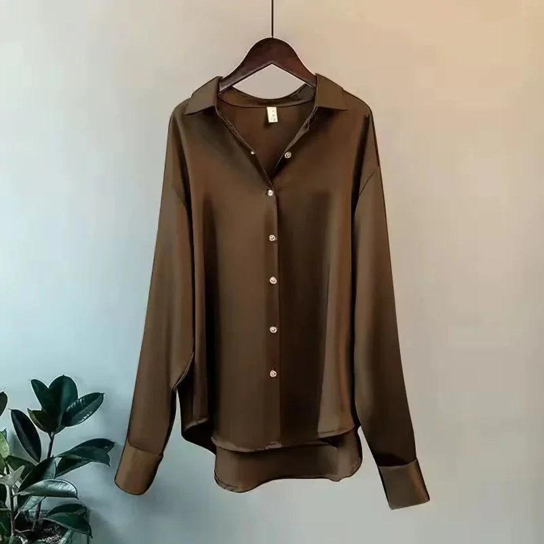 Ava | Women's Satin Long-Sleeve Button-Up Blouse Pointed Collar