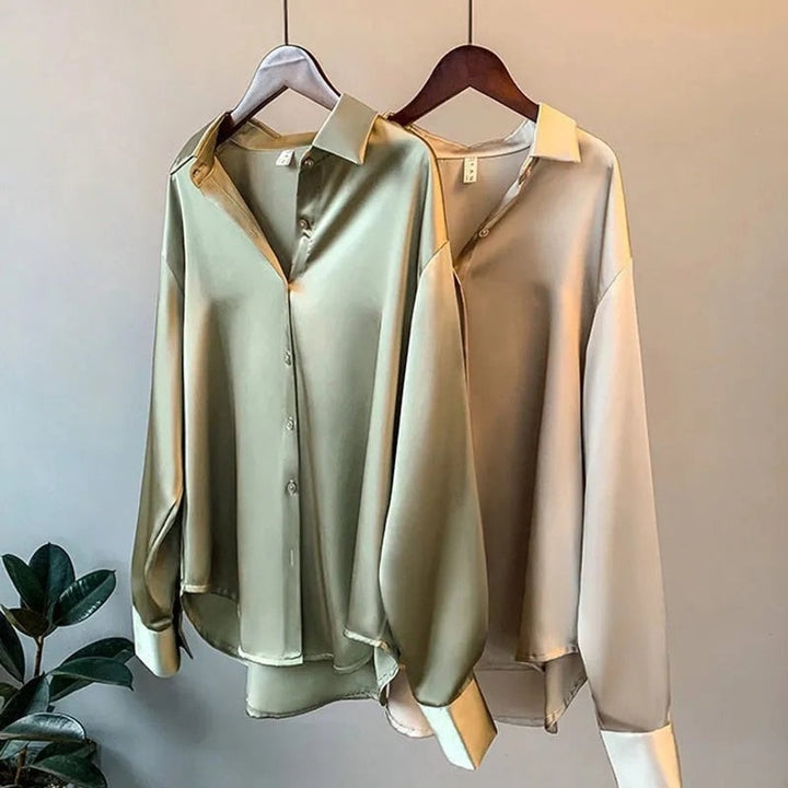 Aria | Women's Satin Long Sleeve Button-Front Blouse Point Collar
