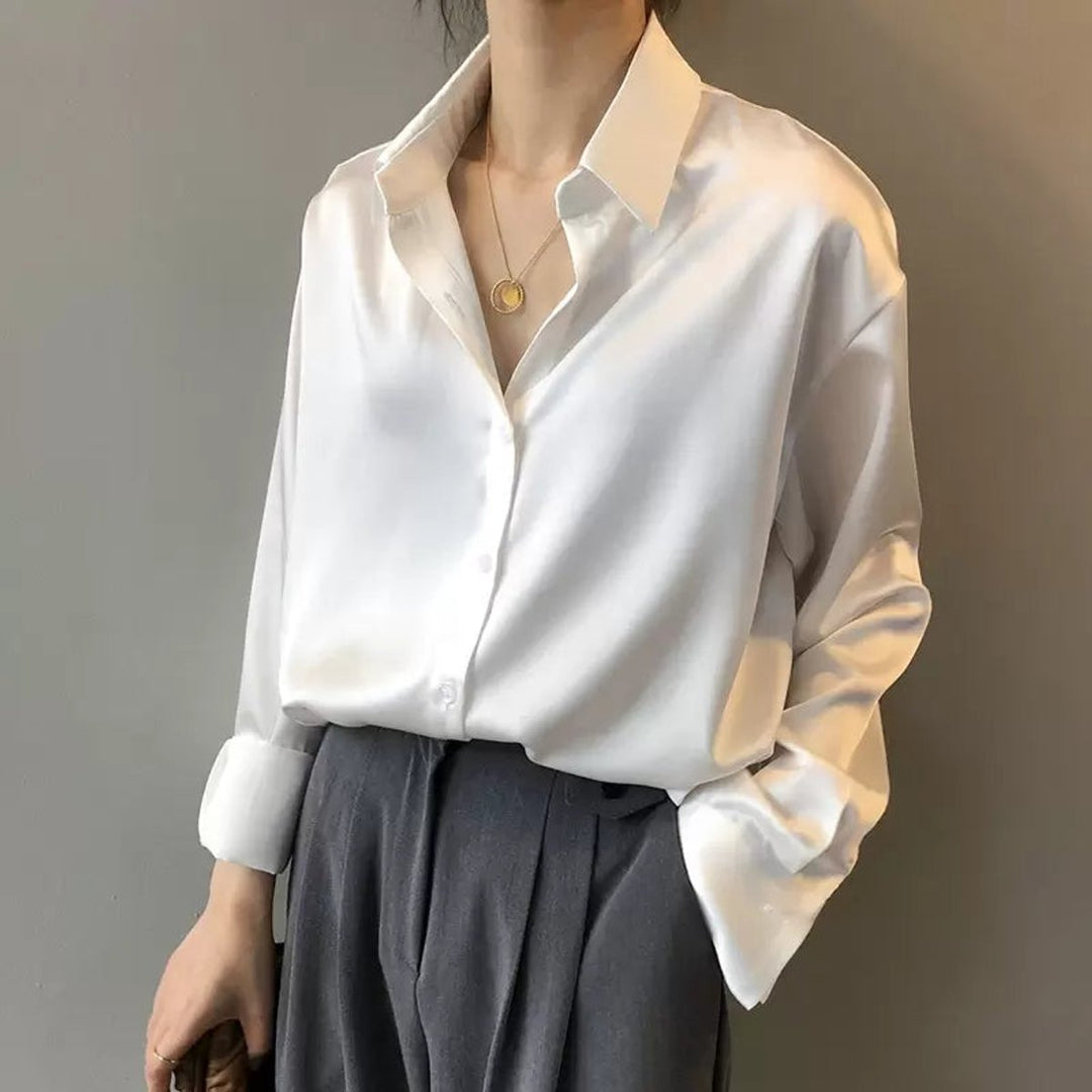 Aria | Women's Satin Long Sleeve Button-Front Blouse Point Collar